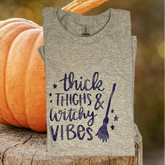 Handmade Tops - THICK THIGHS WITCHY VIBES|UNISEX T-SHIRT| LARGE‎ UNISEX|HALLOWEEN|HUMOROUS